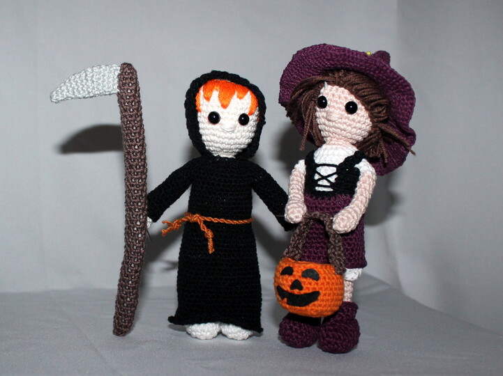 Halloween Set Junge als Tod verkleidet, Mädchen als Hexe, Kürbis und Spinne Häkelanleitung deutsch