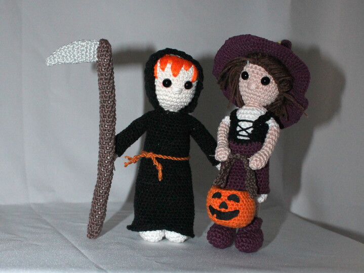 Halloween Set Junge als Tod verkleidet, Mädchen als Hexe, Kürbis und Spinne Häkelanleitung deutsch