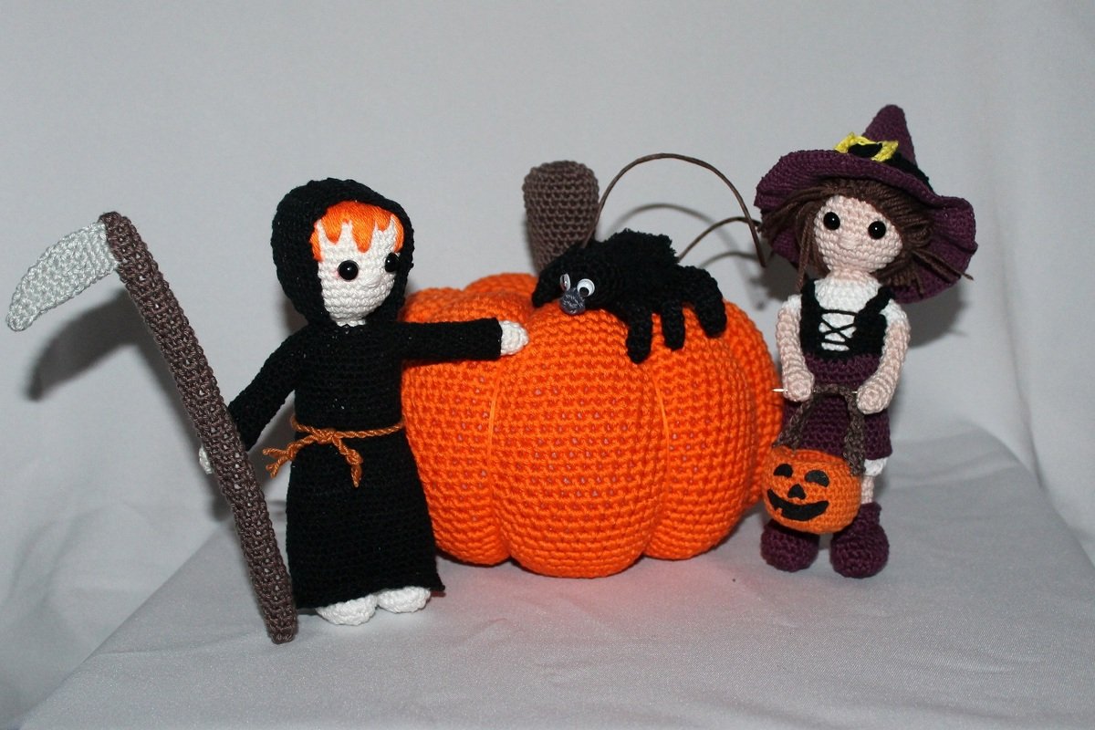 Halloween set, witch, death, spider and pumpkin, crochet in english