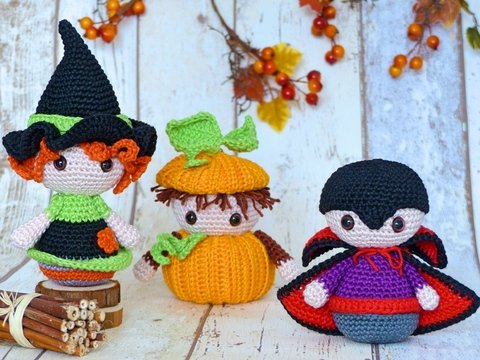 Halloween-Trio: Witch, Pumpkin & Vampire – Crochet Pattern