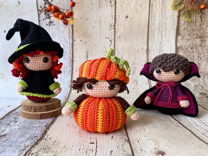 Halloween-Trio: Hexe, Kürbis & Vampir – Häkelanleitung