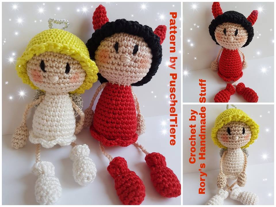 Zwei gehäkelte Amigurumi-Figuren: cremefarbener Engel mit gelbem Hut und rotes Teufelchen mit schwarzen Haaren und roten Hörnern vor hellem Hintergrund.