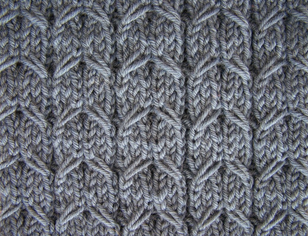 Detailaufnahme eines grau melierten Loop-Schals mit dichten Maschen und Zopfmuster