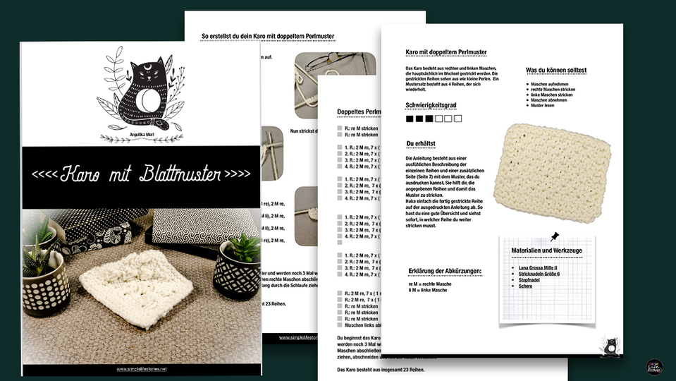 Strickanleitung Karo mit Blattmuster für deine Sofadecke