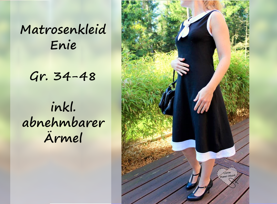 Schwarzes Matrosenkleid mit weißem Matrosenkragen und weißem Saum, knielang, ärmellos; Person mit Handtasche auf Holzterrasse vor Grünpflanzen