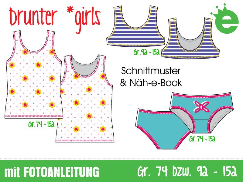 Technische Zeichnungen von Mädchen-Schnittmustern: Tanktop, Bustier und Slips mit Größenangaben und Hinweis auf Näh-e-Book sowie Fotoanleitung