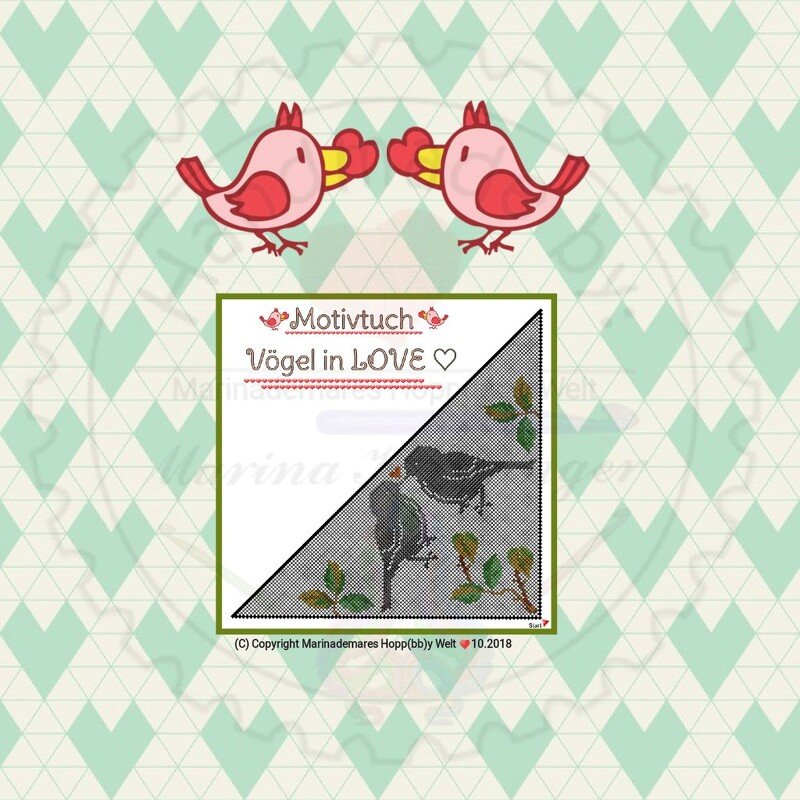 Filetmuster-Diagramm für ein dreieckiges Motivtuch mit zwei Vögeln auf Zweigen und dem Schriftzug 'Vögel in LOVE', vor hellgrünem Rautenhintergrund.
