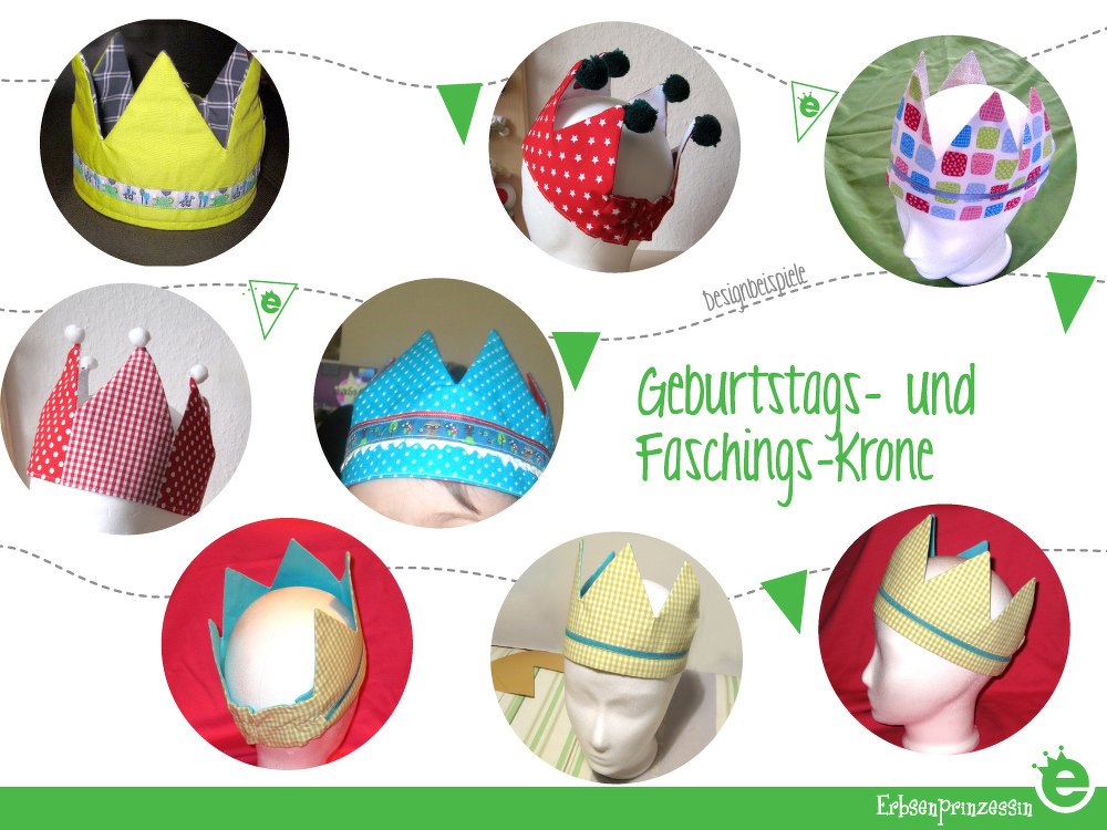 Verschiedene bunte genähte Stoffkronen mit gezackten Spitzen für Babys und Kinder