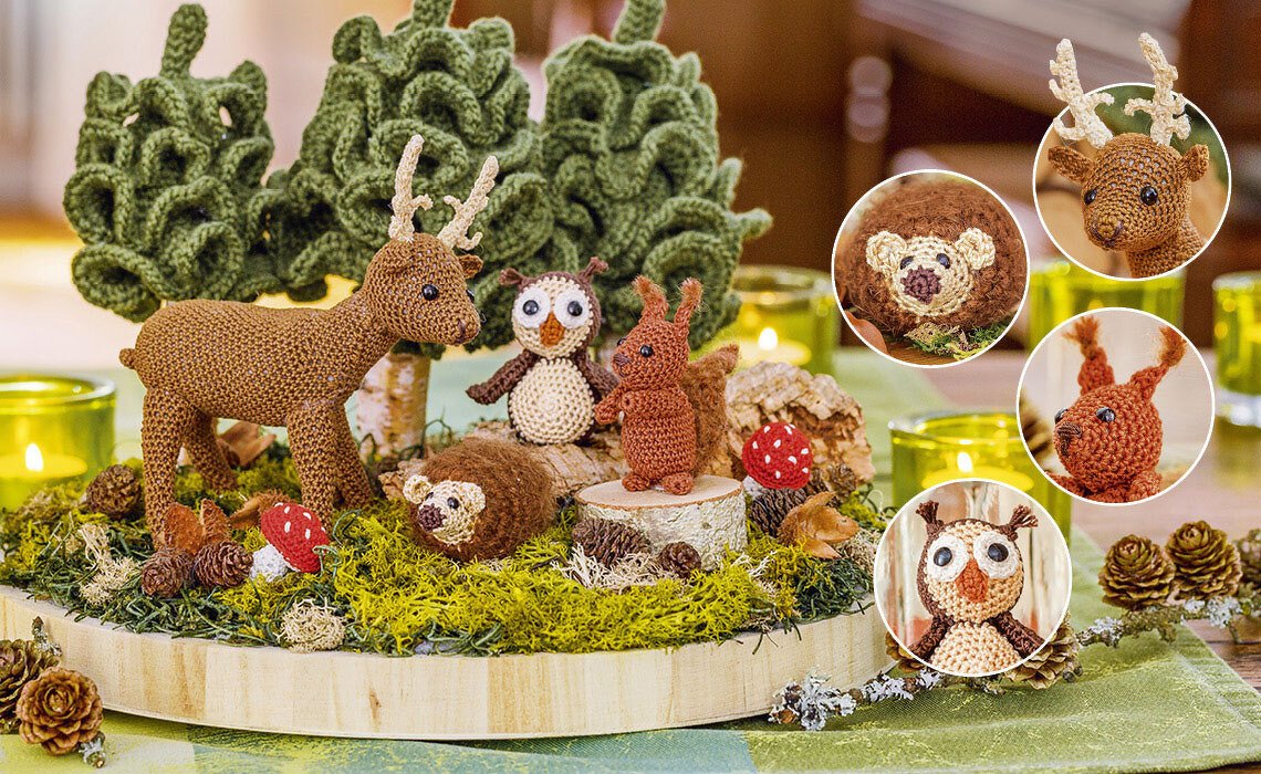 Gehäkelte Waldtiere als Herbstgesteck