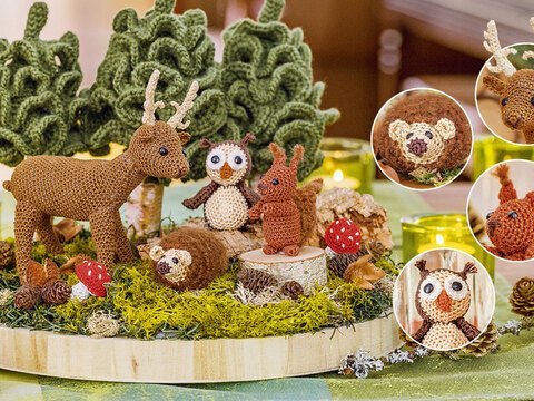 Gehäkelte Waldtiere als Herbstgesteck