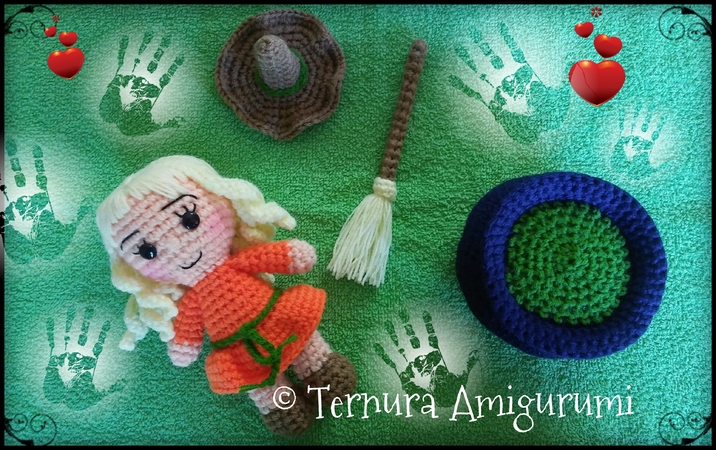 Crochet pattern of Lilly, the witch girl + Accessories PDF english by ternura amigurumi