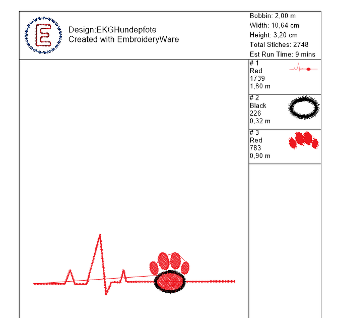 Stickdatei EKG-linie Pfote 10er und 13er 2 Gößen - Bild 3