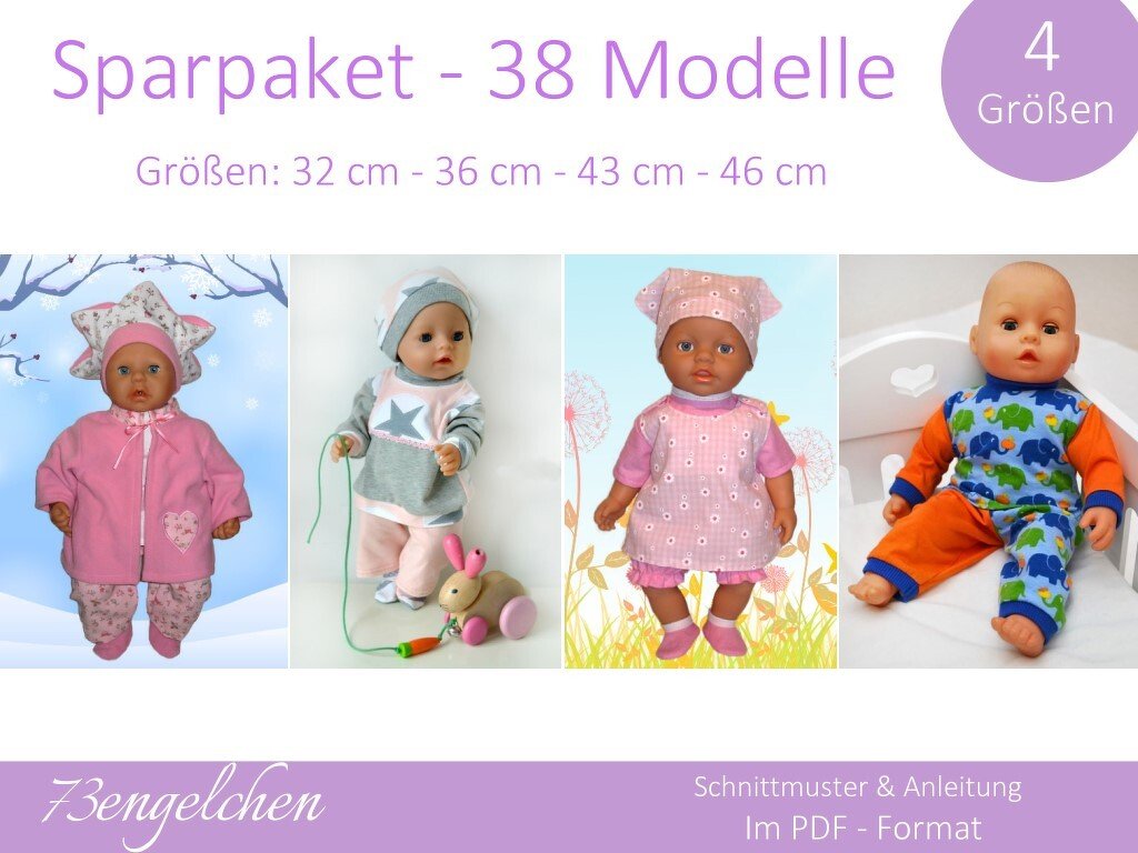 Schnittmuster Sparpaket 38 Modelle für 4 verschiedene Puppengrößen