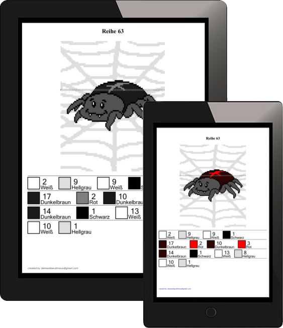 Zwei Tablets mit Pixel-Häkelmuster einer Spinne im Spinnennetz und Farblegende