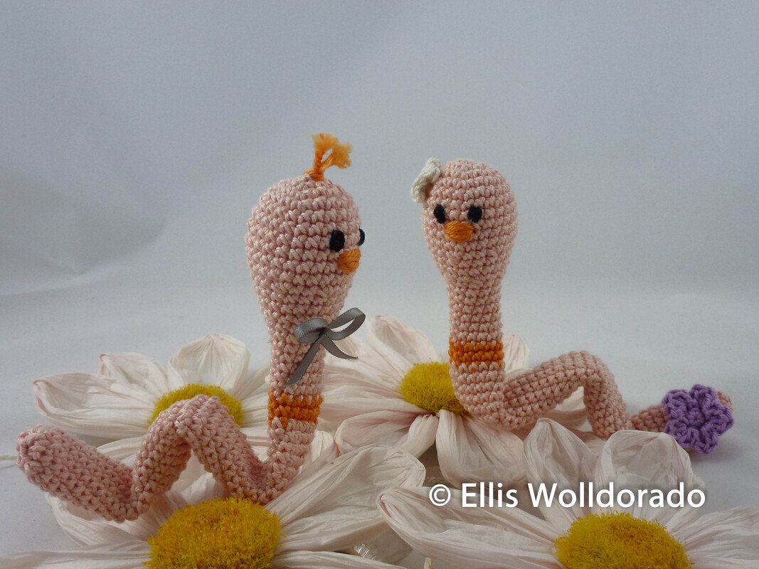 Zwei rosa gehäkelte Amigurumi-Würmer mit Haartolle, Schleife und Blüte auf weißen Gänseblümchen.