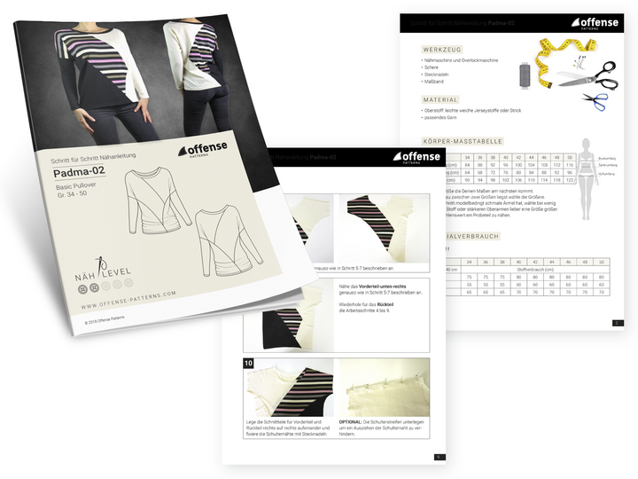 Damen Pullover "Padma-02" in Größe 34-50 als E-Book zum selber nähen - inkl. Schnittmuster + Nähanleitung.