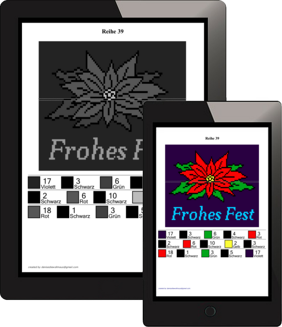 Pixelhäkelmuster Weihnachtsstern mit Schriftzug ‚Frohes Fest‘, farbige und schwarz-weiße Charts und nummerierte Farblegende