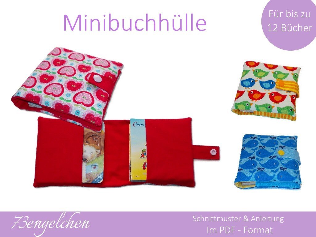 Rote offene Minibuchhülle mit zwei kleinen Büchern; daneben geschlossene Hüllen mit Apfel-, Vogel- und Walmotiven