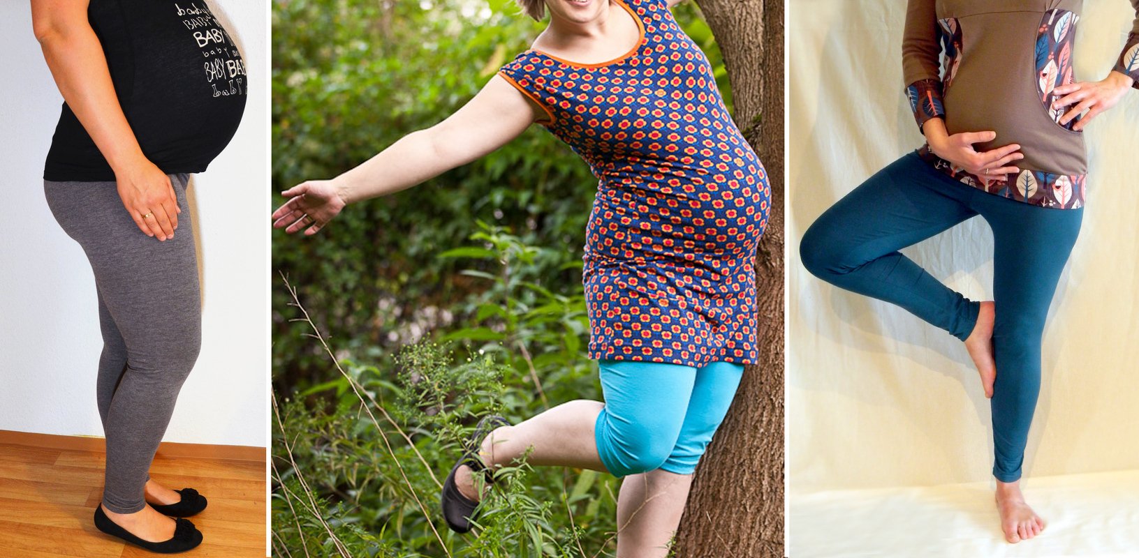 Drei schwangere Frauen in grauer langer Leggings, hellblauer Capri-Leggings und dunkelblauer langer Leggings