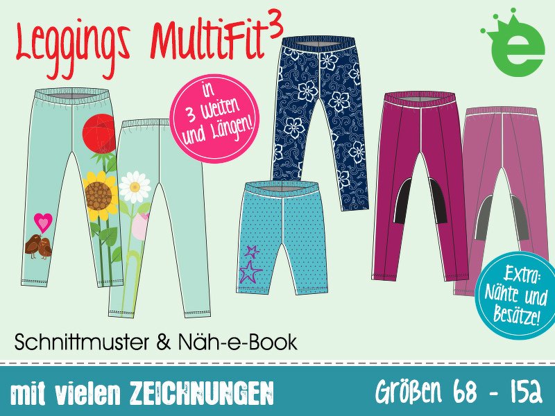 Illustrierte Kinderleggings in mehreren Varianten und Farben mit Schriftzug „Leggings MultiFit3“ und Hinweis zu Größen 68–152