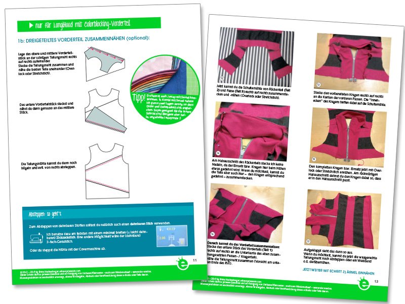 Zwei Seiten einer Nähanleitung zum Zusammennähen eines dreigeteilten Colorblocking-Vorderteils und zum Einnähen eines Reißverschlusses bei einem Kinder-Hoodie.