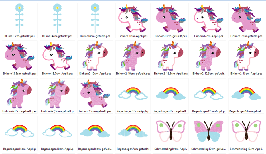 Einhorn und Schmetterling unterm Regenbogen Stickdatei