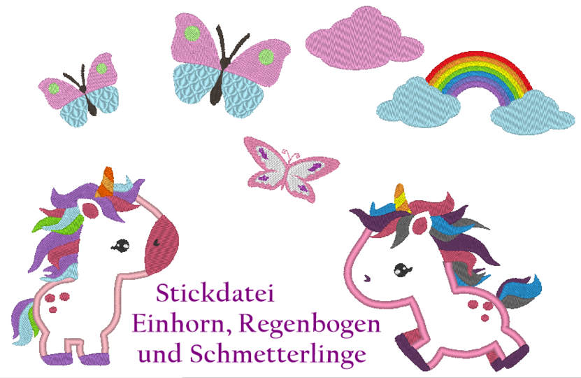 Einhorn und Schmetterling unterm Regenbogen Stickdatei