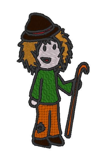 Gestickte Cartoon-Figur mit braunem Hut, zotteligem Haar, grünem Oberteil, orangefarbener Hose mit Flicken und gebogenem Stock.