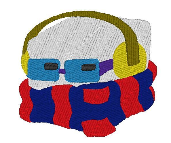 Stickmotiv einer weißen, blockförmigen Figur mit gelben Kopfhörern, blauer Brille und rot-blau gestreiftem Schal