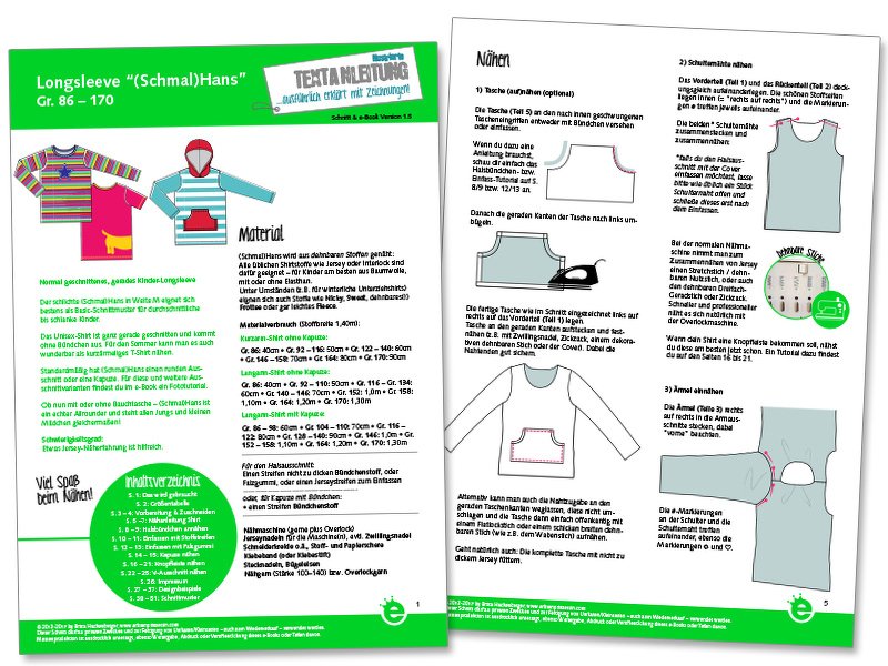 Nähanleitung und Schnittmuster-Seiten für Kinder-Longsleeves (Gr. 86–170) mit Kapuzen- und Kängurutaschen-Optionen.