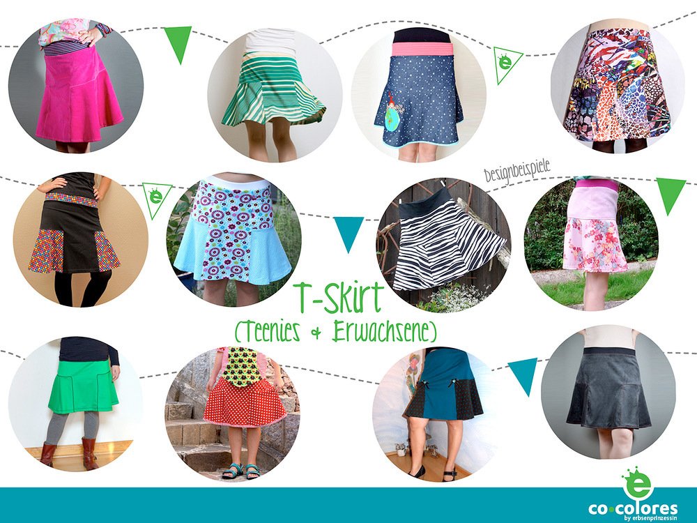 Collage mit verschiedenen T-Röcken in unterschiedlichen Mustern, Farben und Schnitten für Kinder und Damen.