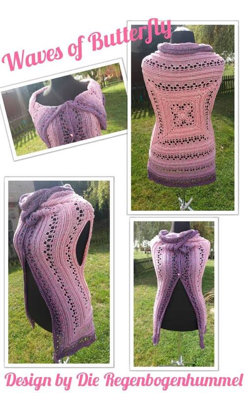 Gehäkelte ärmellose Damenweste in Rosa‑Lila mit quadratischem Rückenmuster auf einer Schneiderpuppe