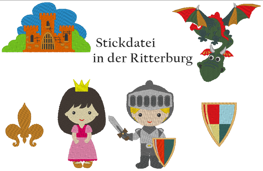 Ritter, Drache, Burg und Burgfräulein Stickdatei