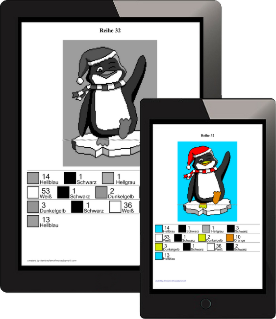 Pixelhäkelmuster eines fröhlichen Pinguins mit Weihnachtsmütze und Schal auf einer Eisscholle, dargestellt in Farb- und Graustufen auf Tablets.