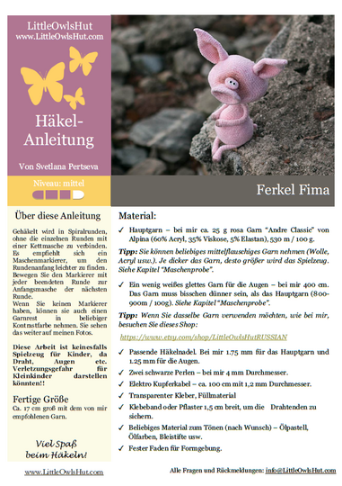 193DE Häkelanleitung Ferkel Fima - Amigurumi PDF Pertseva CP