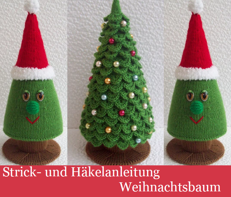 Gestrickter Weihnachtsbaum und zwei Kegelfiguren mit Zipfelmützen auf runden Sockeln