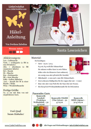168DE Häkelanleitung Weihnachtsmann Lesezeichen - PDF Zabelina CP