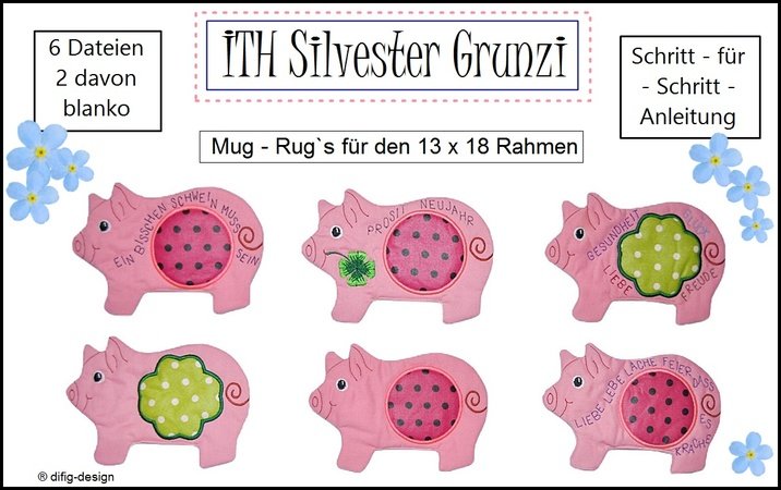 ITH Stickdatei Mug-Rug Silvester-Grunzi für den 13x18 Rahmen