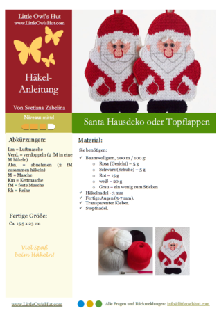 039DE Häkelanleitung Weihnachtsmann Topflappen - PDF Zabelina CP