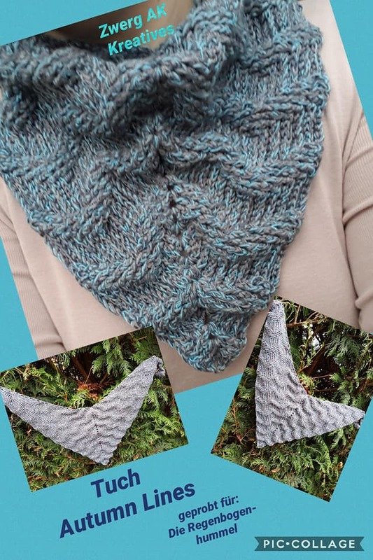 Gestricktes graublaues Dreieckstuch mit wellenförmigem Reliefmuster, Collage mit getragenem und ausgelegtem Tuch