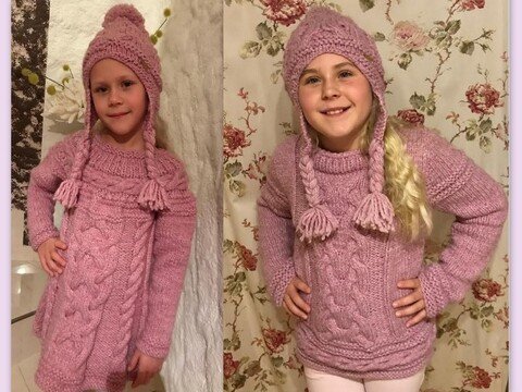 KLEID & PULLOVER SET MIT MÜTZE  - STRICKANLEITUNG Gr.: 134/140 - 146/152