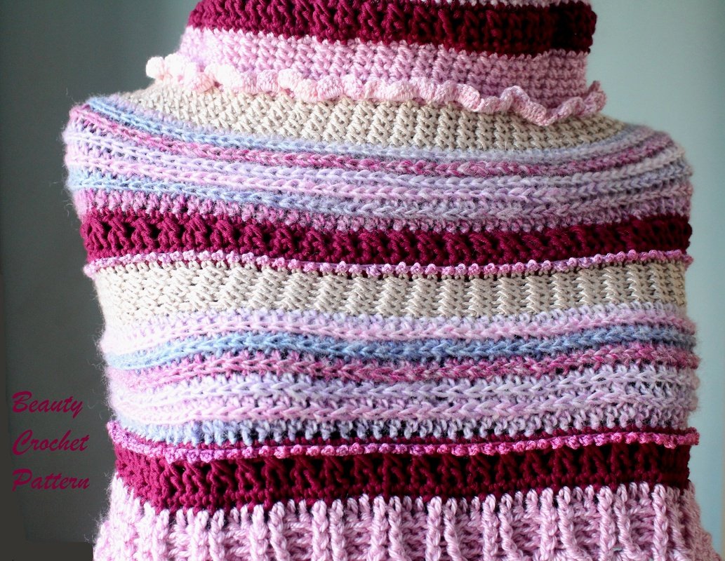 Striped crochet cowl in pink, berry, blue and beige with textured stitches and a ruffled edge
