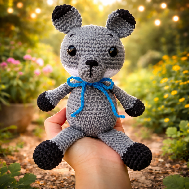 Gehäkelter grauer Amigurumi-Wolf mit blauer Schleife in einer Hand vor Gartenhintergrund