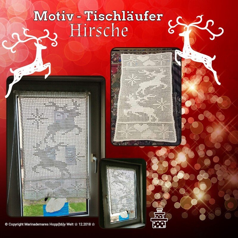 Weißer Filet-Tischläufer mit Reihen springender Hirsche, filigranes Lochmuster