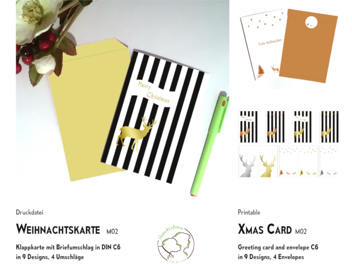 9x Christmas Card + Envelope Reindeer. Printable