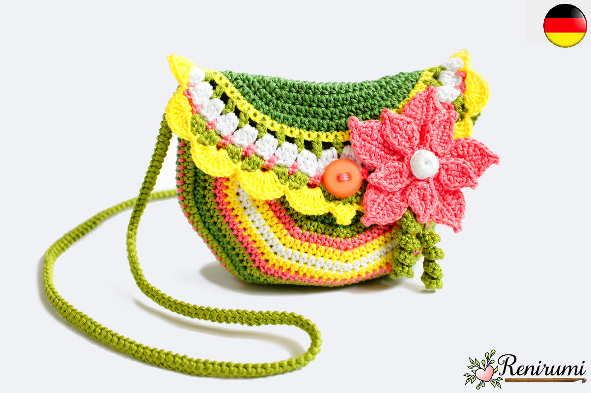 Fröhliche gehäkelte Umhängetasche mit Muschelkante und großer Blumenverzierung