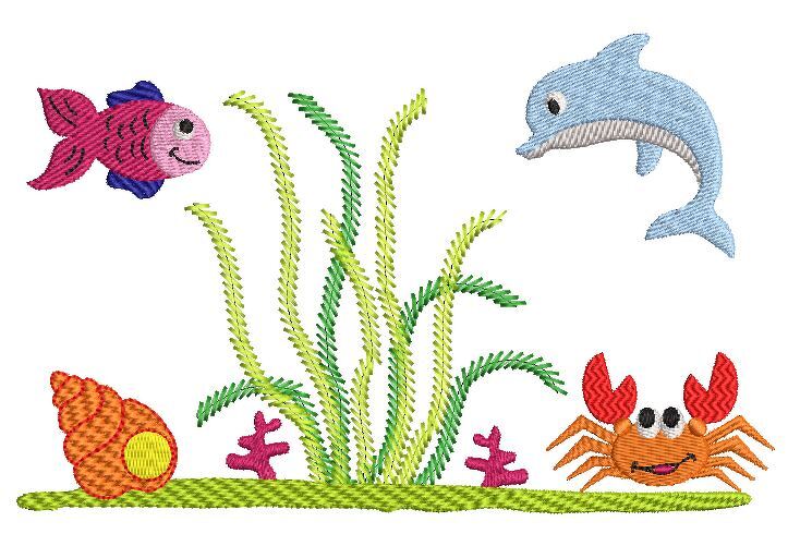 Mehrere Stickmotive mit Fisch, Delfin, Krabbe, Muschel und Seegras