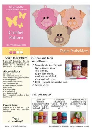 202 Crochet Patterns - Pigglet Pig Decor or potholders - Amigurumi PDF file by Zabelina CP