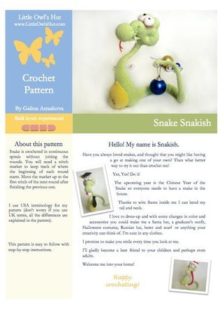 018 Crochet Pattern - Snake Snakish toy with wire frame + 2 hats - Amigurumi PDF file by Astashova CP