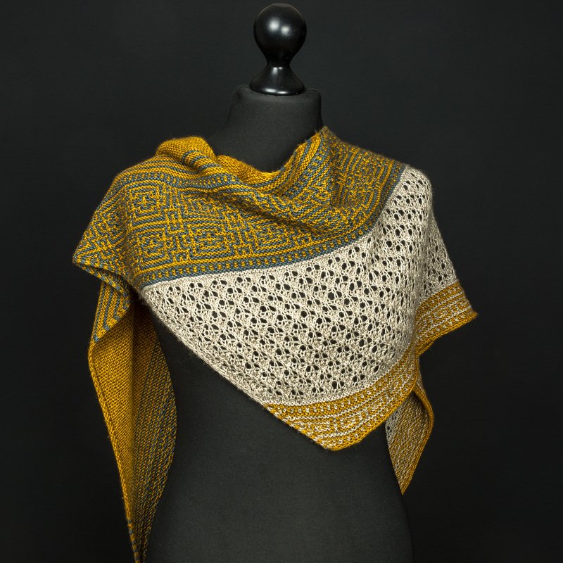 Knitting Pattern Shawl "Callisto" with mosaic and lace pattern